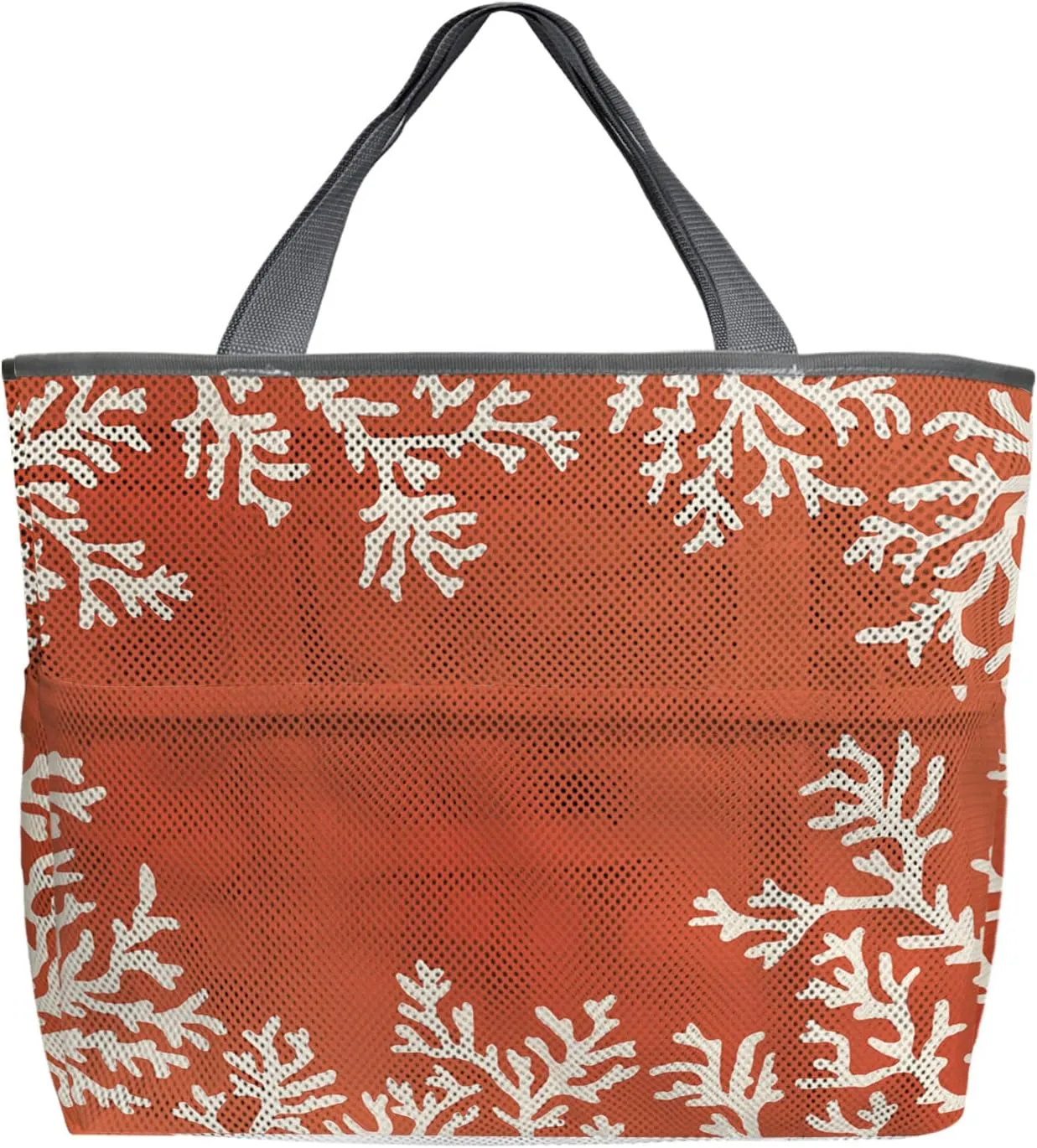 Orange Coral Beach Tote Bag for Women, Summer Beach Nautical Seaside Coastal Mesh Beach Bags Waterproof Sandproof, Outdoor Picnic Swim Pool Handbag - Large Beach Bag with Zipper and Pockets