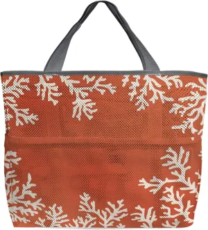 Orange Coral Beach Tote Bag for Women, Summer Beach Nautical Seaside Coastal Mesh Beach Bags Waterproof Sandproof, Outdoor Picnic Swim Pool Handbag - Large Beach Bag with Zipper and Pockets