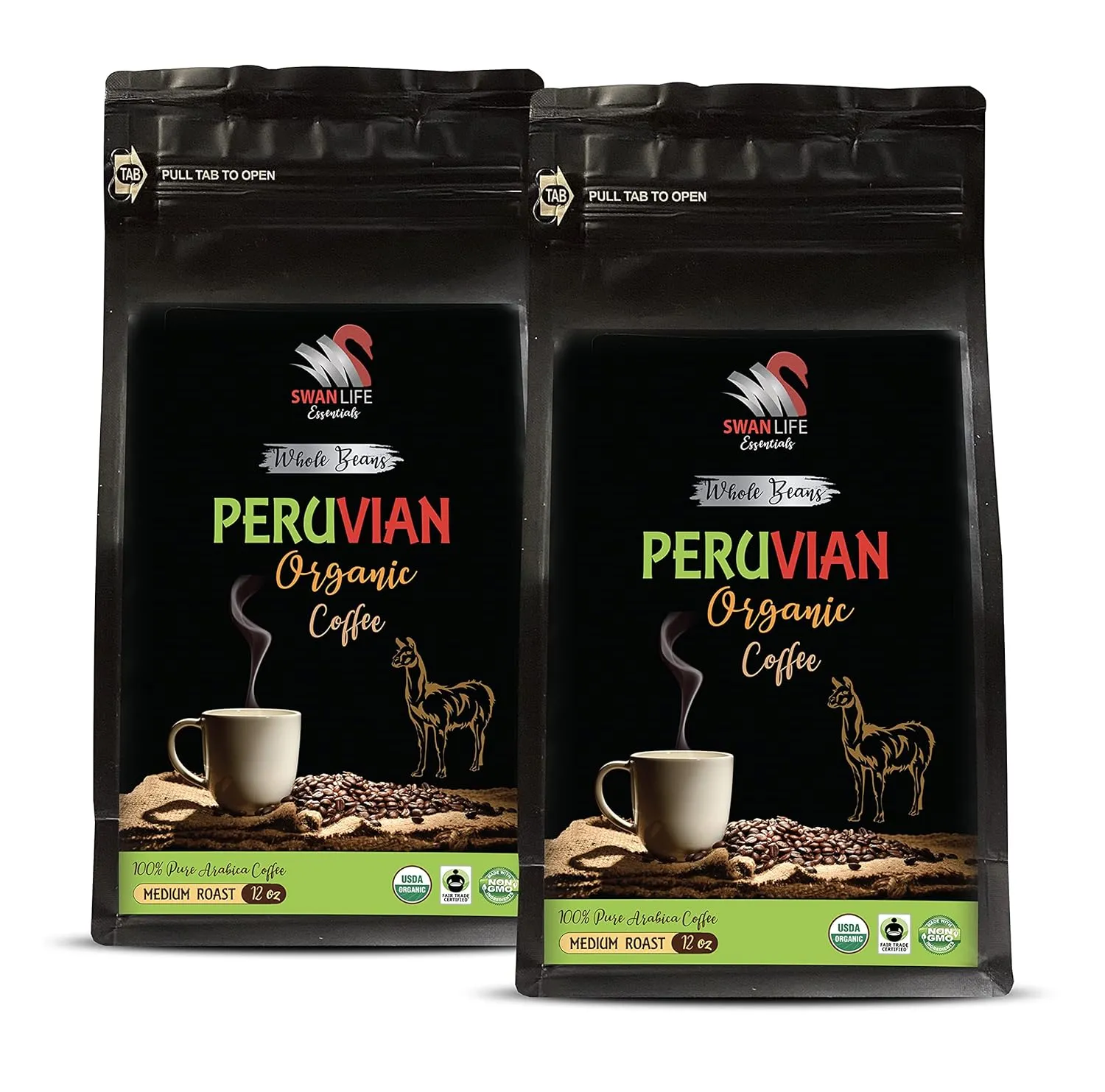 organic coffee beans medium roast - PERUVIAN COFFEE ORGANIC WHOLE BEANS, medium roast, arabica, low acidity - coffee from peru, 2 Bags (24 oz)