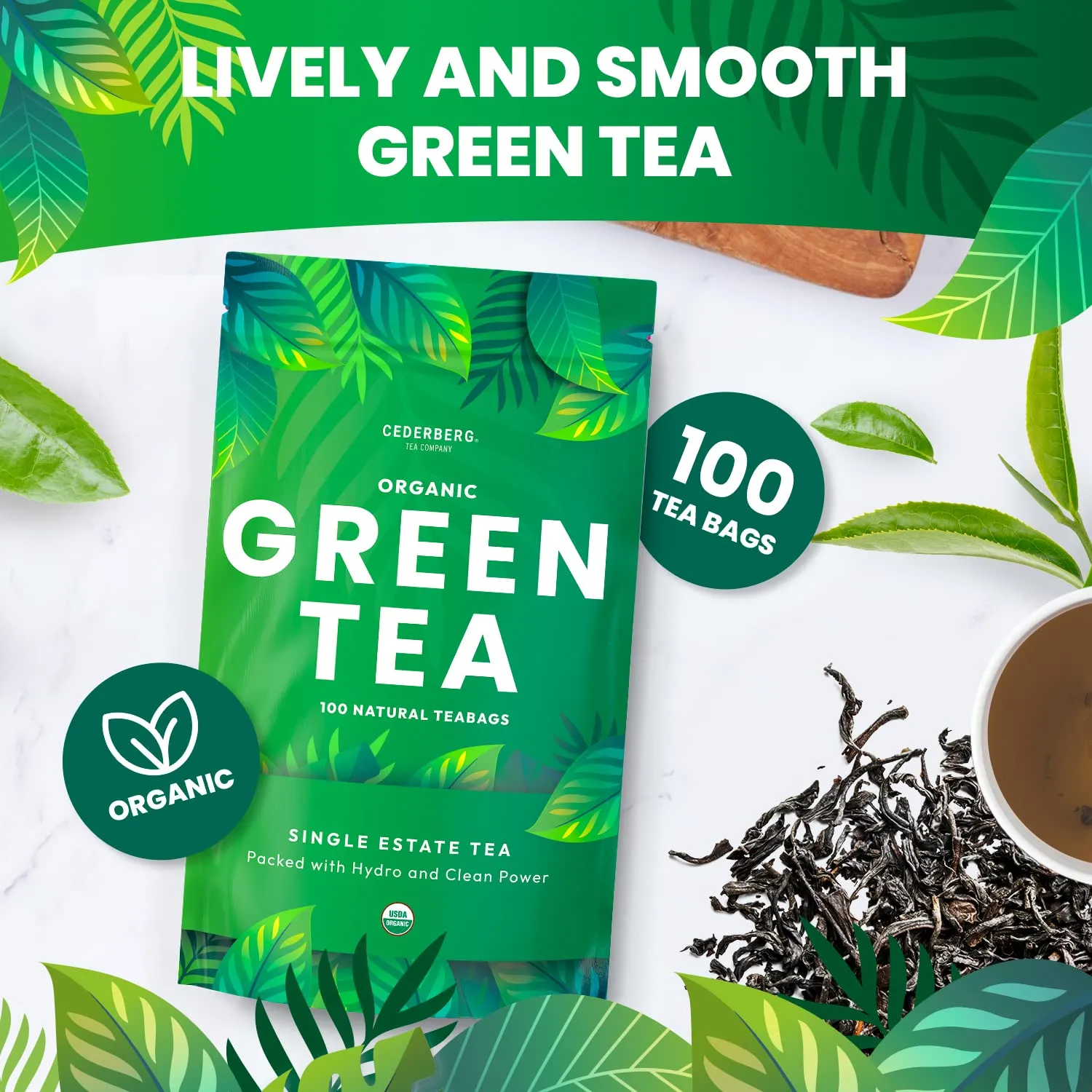 Organic Green Tea — 100 Tea Bags| Organic Tea From Single Origin | Eco-Friendly Tea Bags | Non-GMO Tea With Zero Sugar | Cederberg Tea Company