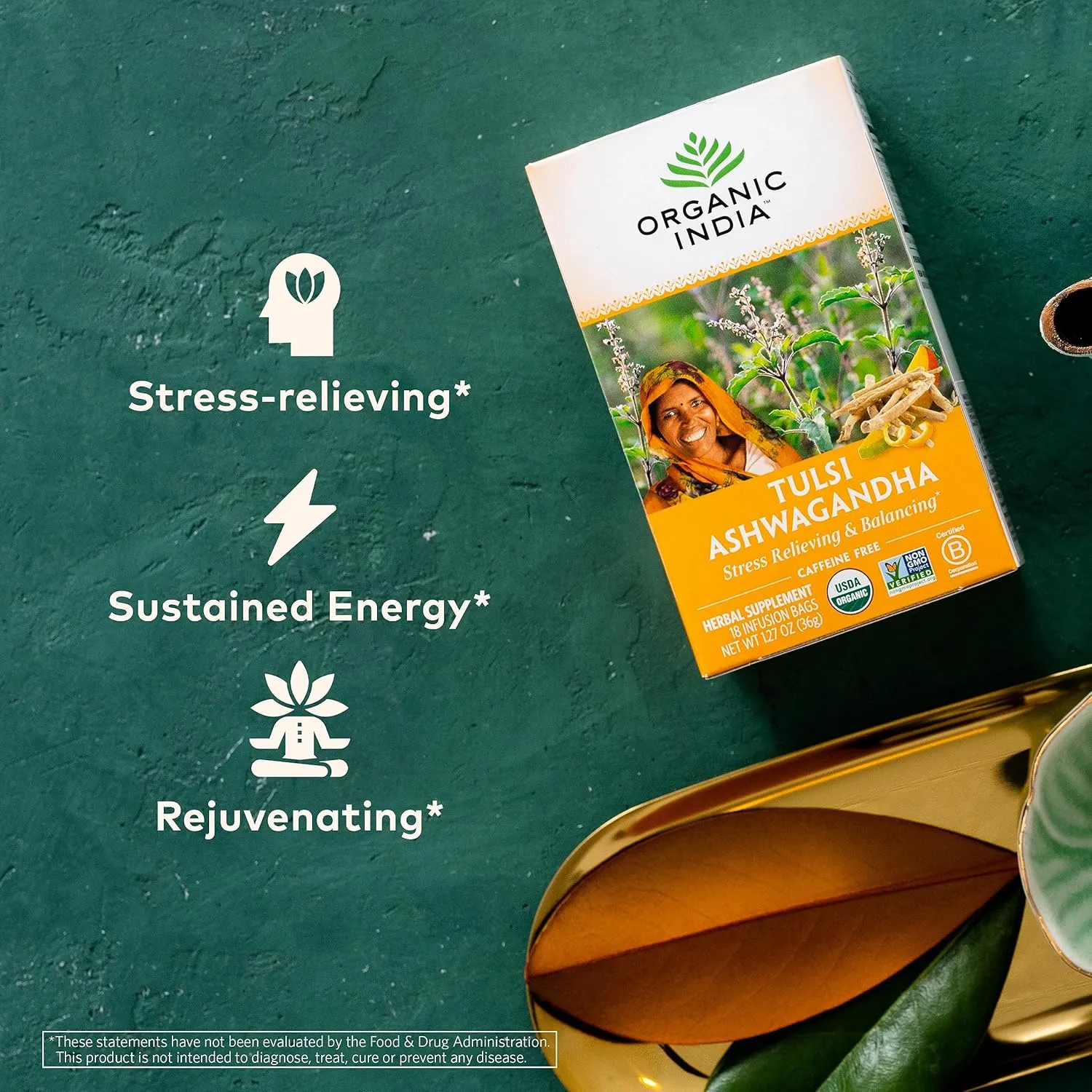 ORGANIC INDIA Calming Tulsi Ashwagandha Tea - Organic Tea Bags, Holy Basil Tea, Vegan, USDA Certified Organic, Non-GMO, Caffeine Free Tea - 18 Infusion Bags, 6 Pack