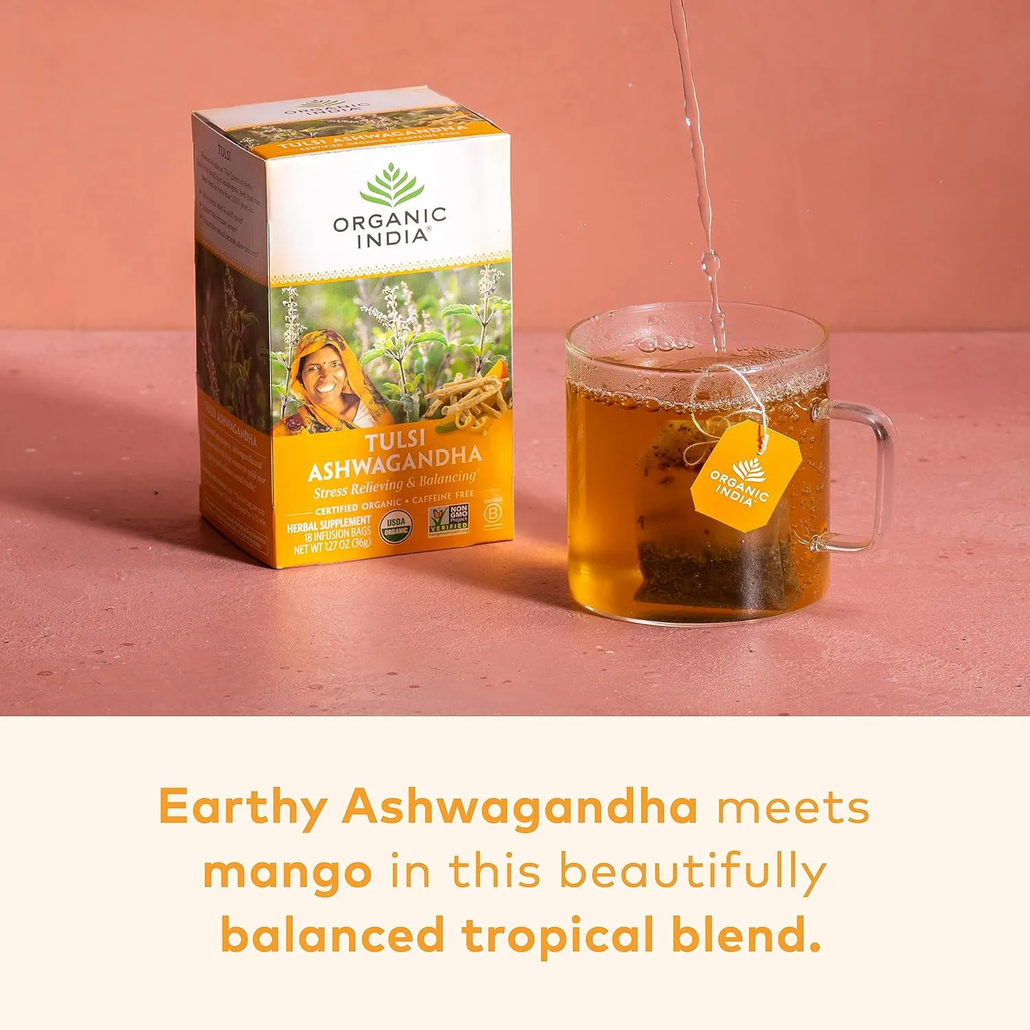 ORGANIC INDIA Calming Tulsi Ashwagandha Tea - Organic Tea Bags, Holy Basil Tea, Vegan, USDA Certified Organic, Non-GMO, Caffeine Free Tea - 18 Infusion Bags, 6 Pack