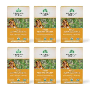 ORGANIC INDIA Calming Tulsi Ashwagandha Tea - Organic Tea Bags, Holy Basil Tea, Vegan, USDA Certified Organic, Non-GMO, Caffeine Free Tea - 18 Infusion Bags, 6 Pack