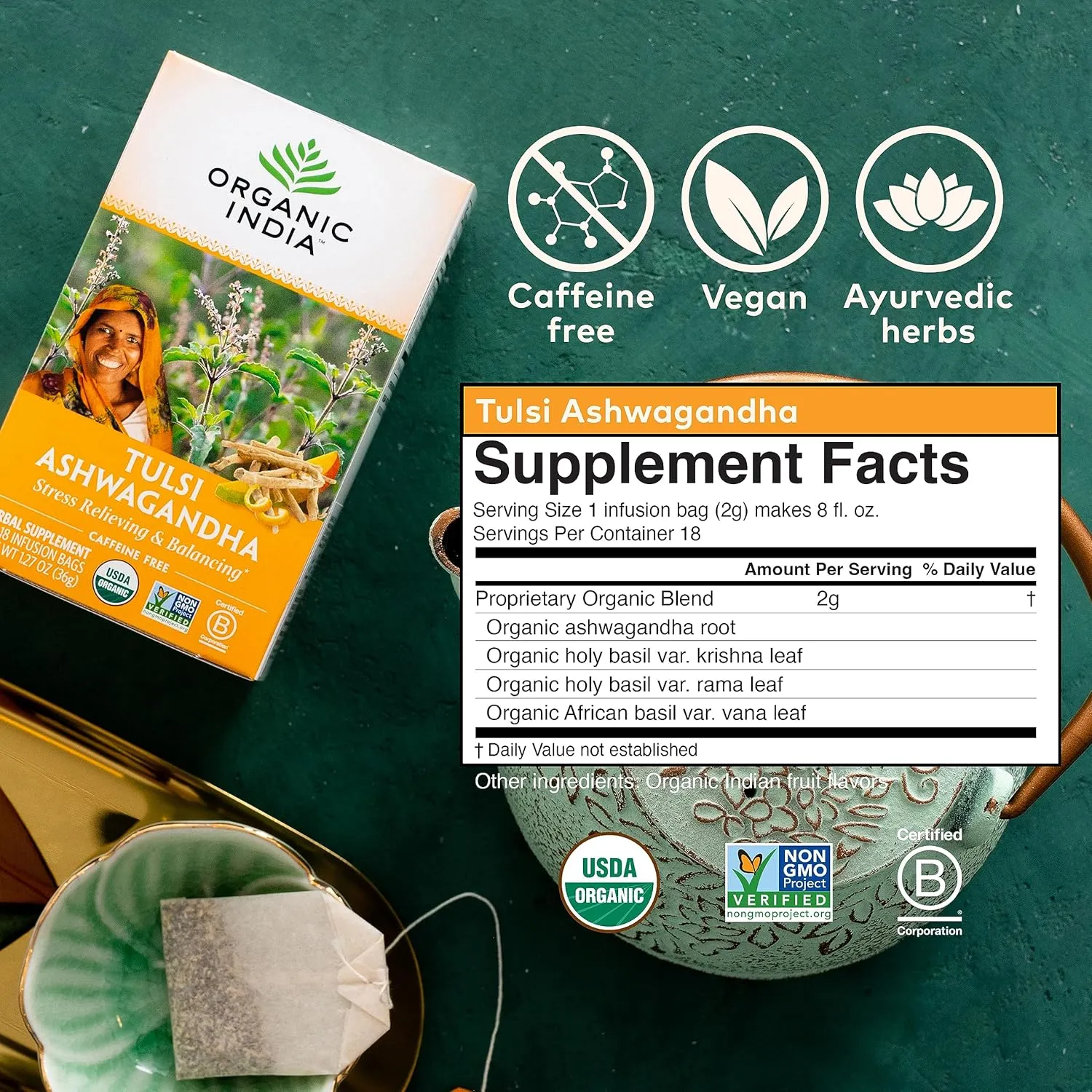 ORGANIC INDIA Calming Tulsi Ashwagandha Tea - Organic Tea Bags, Holy Basil Tea, Vegan, USDA Certified Organic, Non-GMO, Caffeine Free Tea - 18 Infusion Bags, 6 Pack