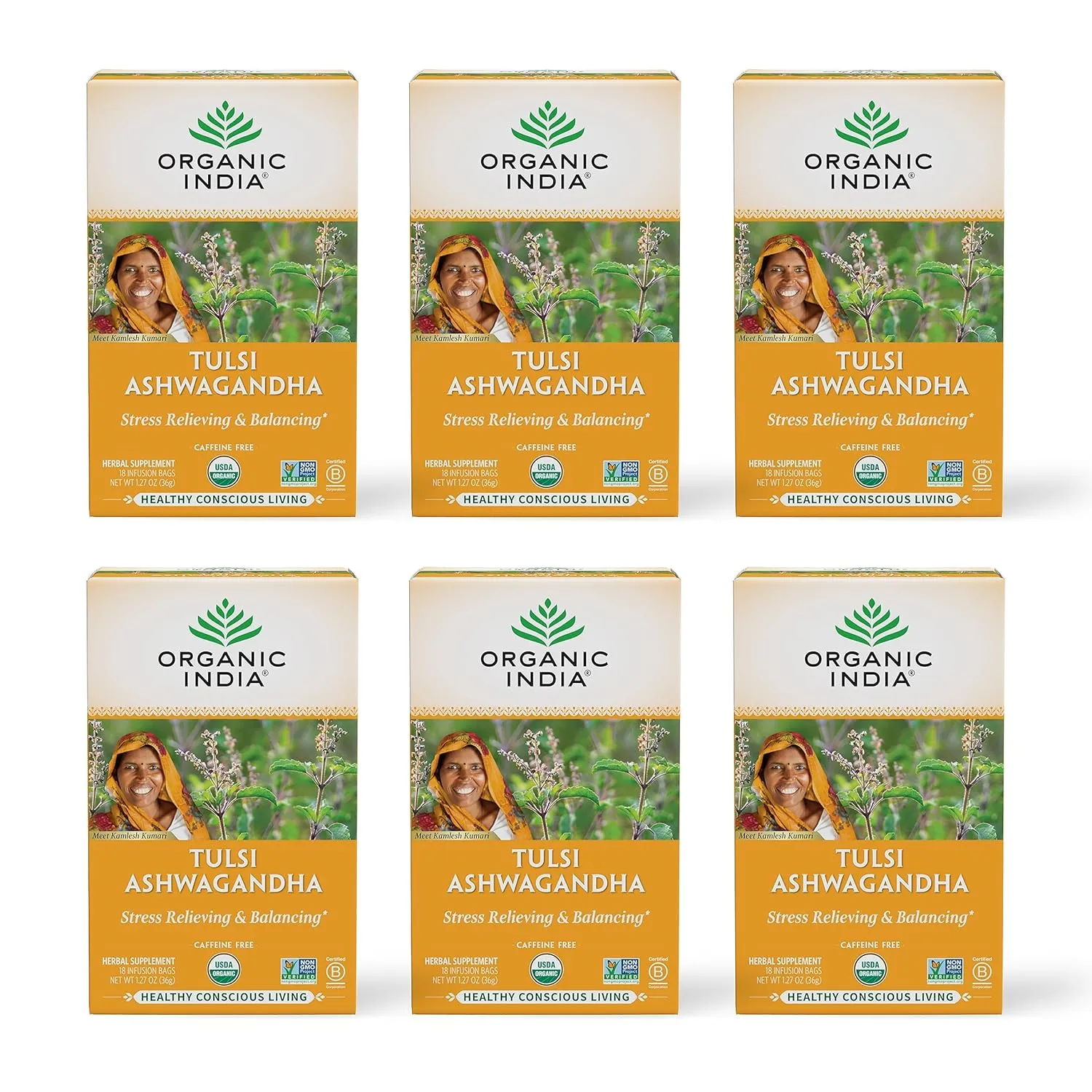 ORGANIC INDIA Calming Tulsi Ashwagandha Tea - Organic Tea Bags, Holy Basil Tea, Vegan, USDA Certified Organic, Non-GMO, Caffeine Free Tea - 18 Infusion Bags, 6 Pack