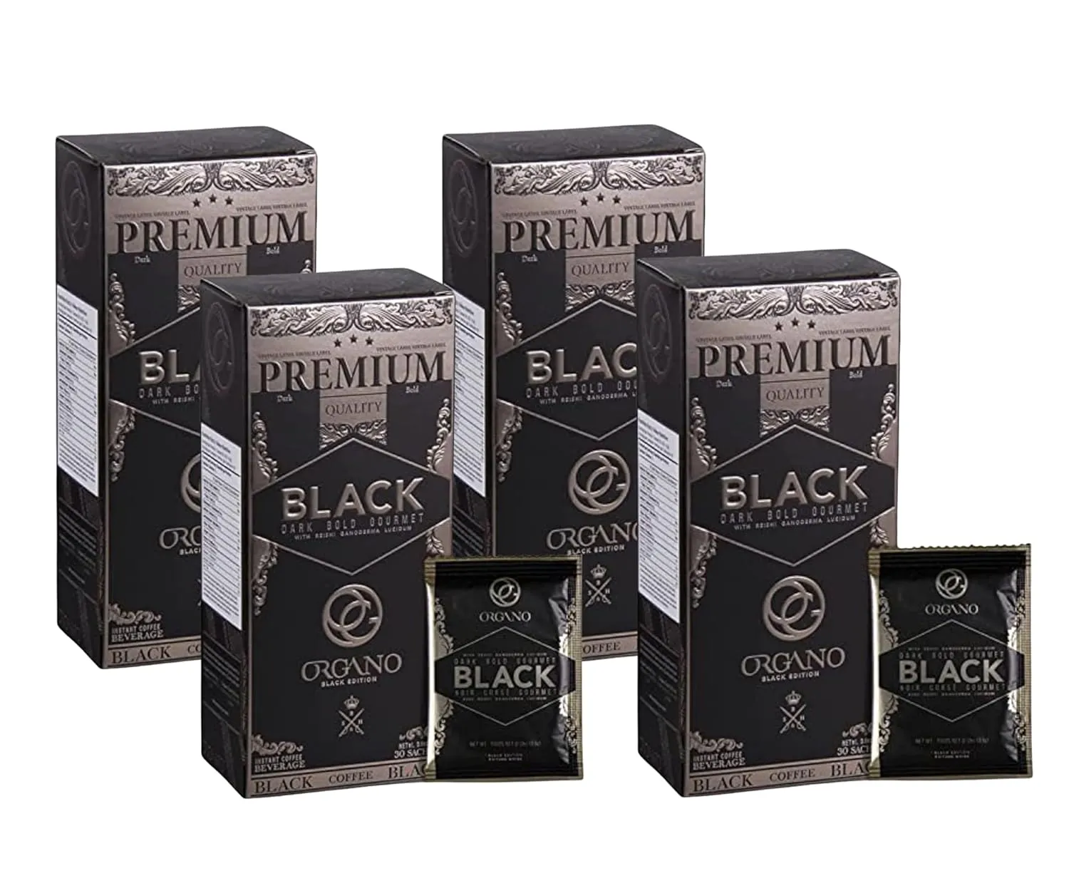 ORGANO 4 Boxes Gourmet Black Coffee, 100% Certified Ganoderma Lucidum (120 Sachets)
