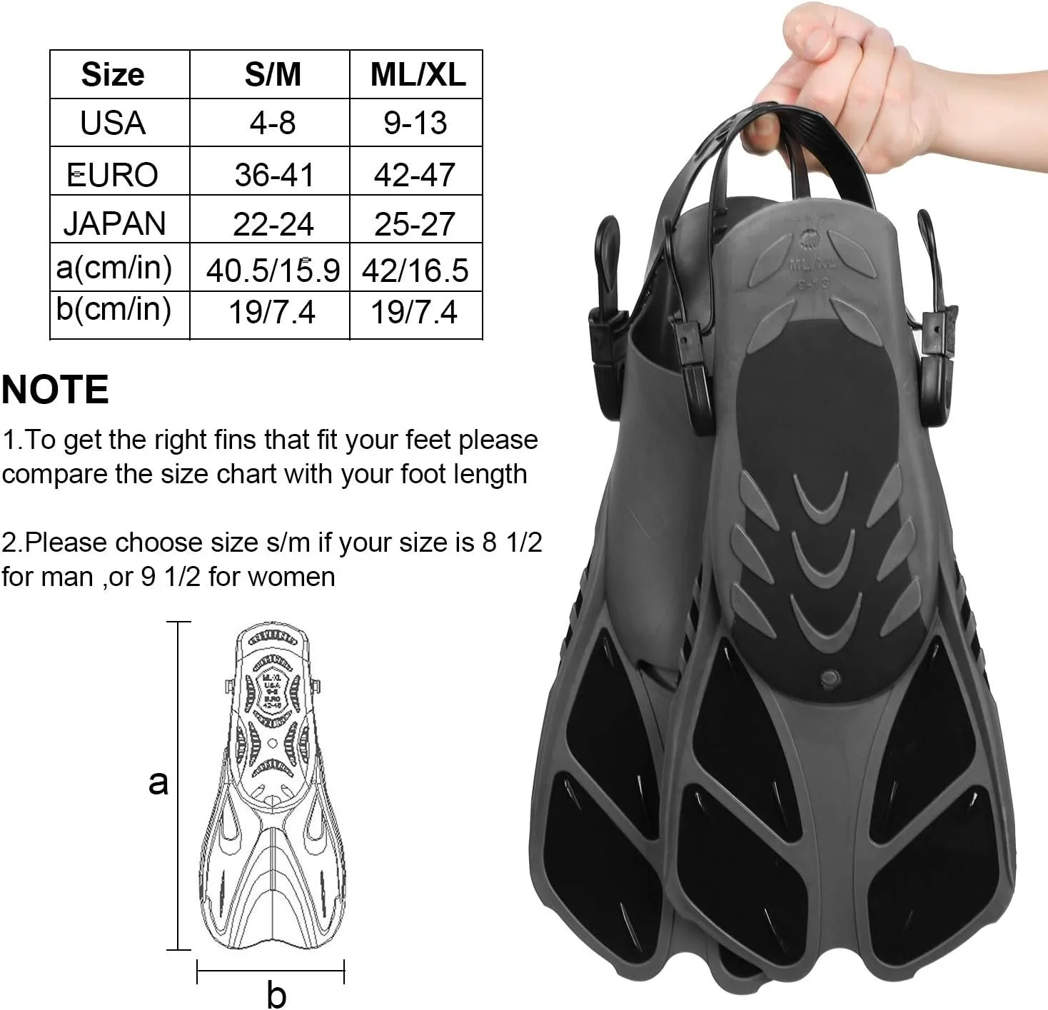 Oumers Snorkel Fins, Travel Size Adjustable Strap Diving Flippers with Mesh Bag and Extra Buckle Connector for Men Women Snorkeling Diving Swimming