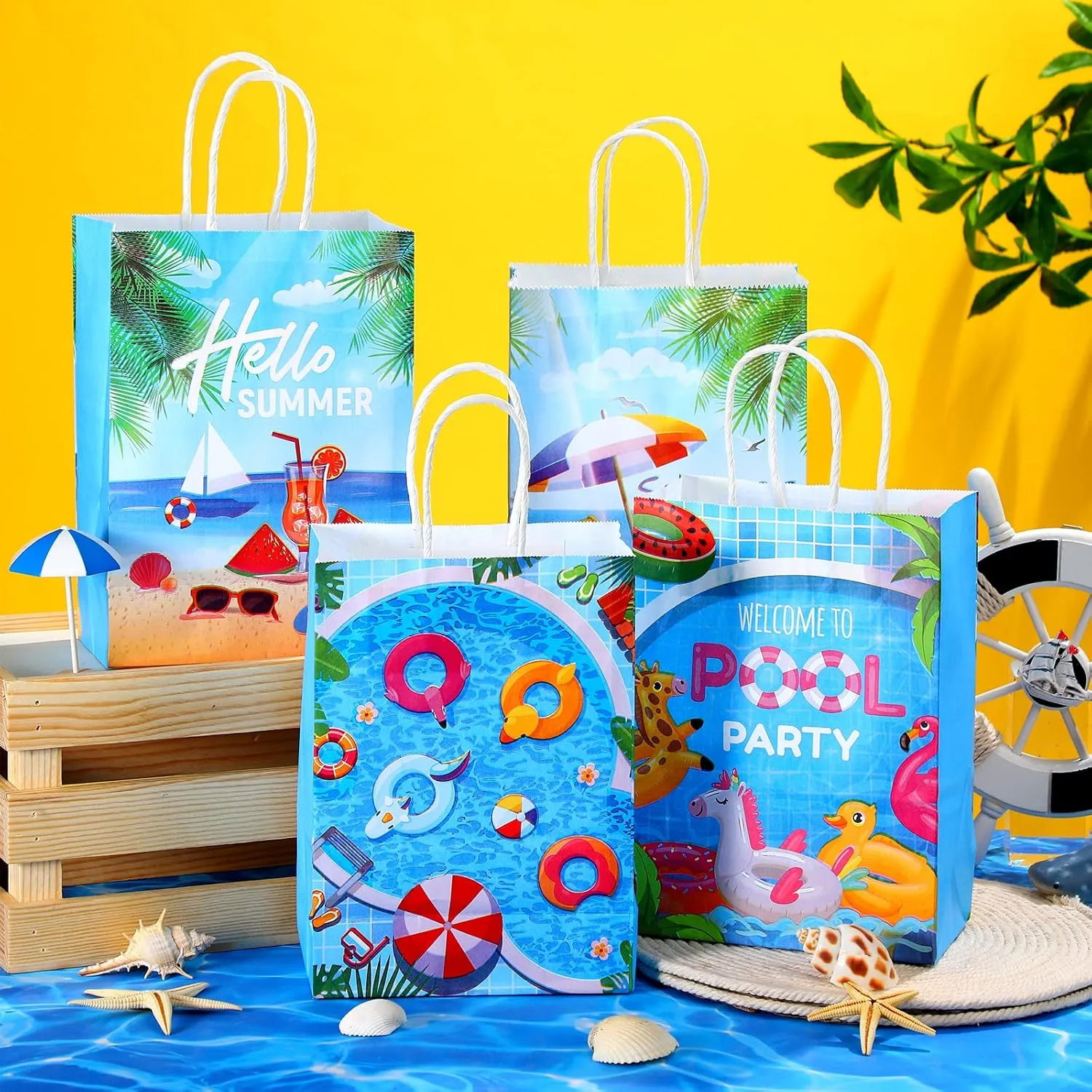 Outus 24 Pieces Summer Pool Beach Paper Bags Pool Party Favors Bags Beach Party Favors Gift Bags Goodie Candy Treat Bags Swimming Pool Party Supplies for Kids Hawaiian Luau Summer Party Favors
