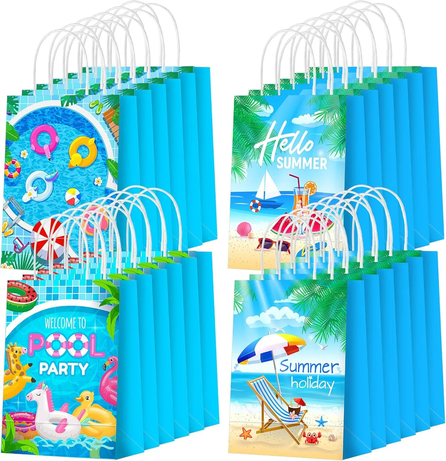 Outus 24 Pieces Summer Pool Beach Paper Bags Pool Party Favors Bags Beach Party Favors Gift Bags Goodie Candy Treat Bags Swimming Pool Party Supplies for Kids Hawaiian Luau Summer Party Favors