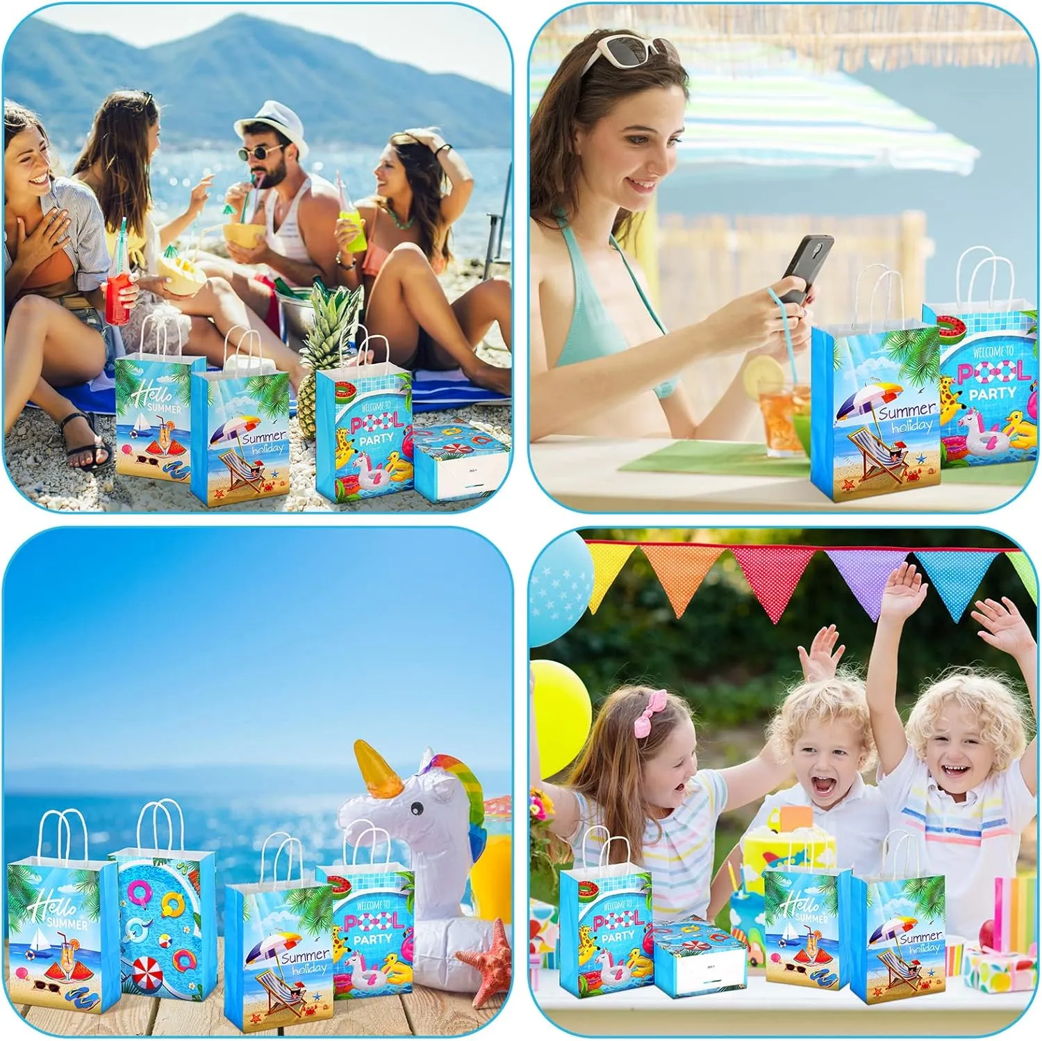 Outus 24 Pieces Summer Pool Beach Paper Bags Pool Party Favors Bags Beach Party Favors Gift Bags Goodie Candy Treat Bags Swimming Pool Party Supplies for Kids Hawaiian Luau Summer Party Favors