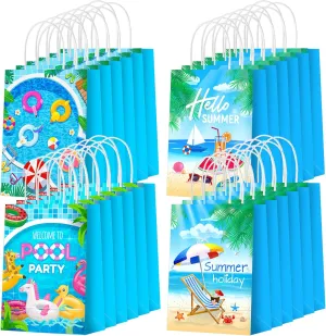 Outus 24 Pieces Summer Pool Beach Paper Bags Pool Party Favors Bags Beach Party Favors Gift Bags Goodie Candy Treat Bags Swimming Pool Party Supplies for Kids Hawaiian Luau Summer Party Favors