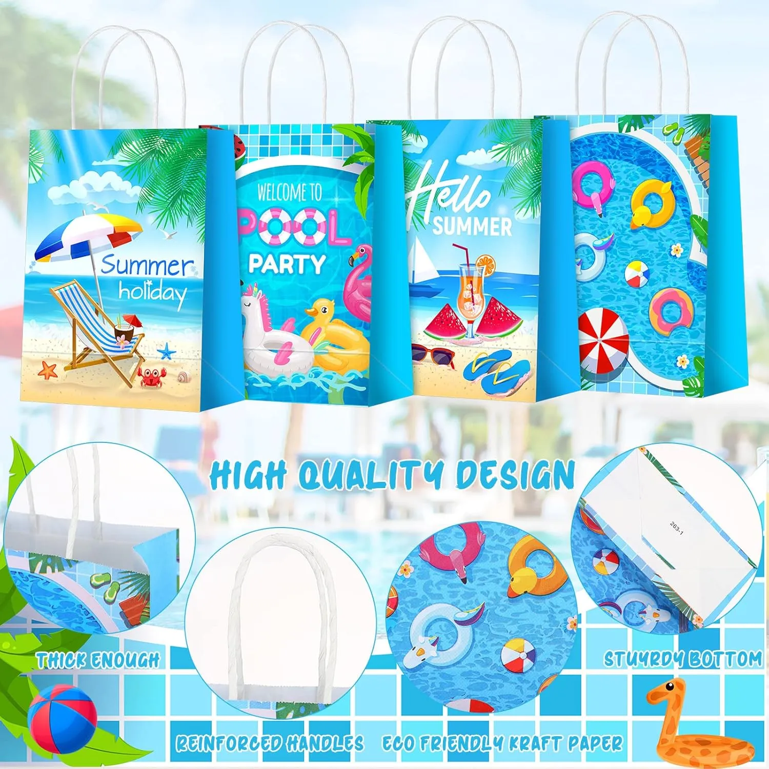 Outus 24 Pieces Summer Pool Beach Paper Bags Pool Party Favors Bags Beach Party Favors Gift Bags Goodie Candy Treat Bags Swimming Pool Party Supplies for Kids Hawaiian Luau Summer Party Favors
