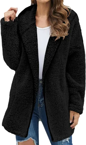 Oversized Sherpa Jacket for Women Winter Fleece Fuzzy Hooded Zip Up Jacket Casual Plus Size Solid Color Sweater Coat