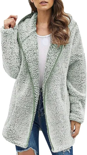 Oversized Sherpa Jacket for Women Winter Fleece Fuzzy Hooded Zip Up Jacket Casual Plus Size Solid Color Sweater Coat