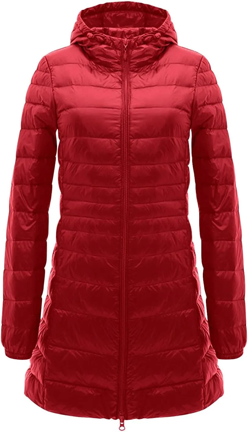 Packable Puffer Jacket Women Lightweight Padded Coats with Hood Long Winter Warm Casual Travel Down Jackets