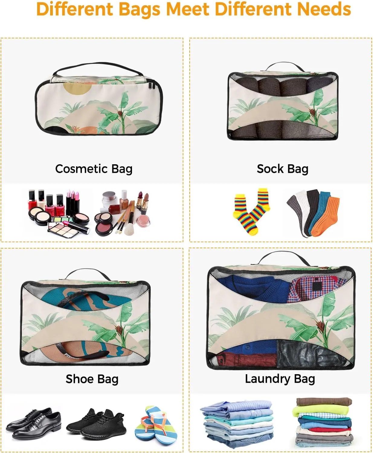 Packing Cubes for Travel, 4 Set Travel Packing Organized Cubes Boho Abstract Sun Mountain Plant Bohemian Waterproof Luggage Organizer with Laundry Bag Travel Accessories for Carry On Suitcases