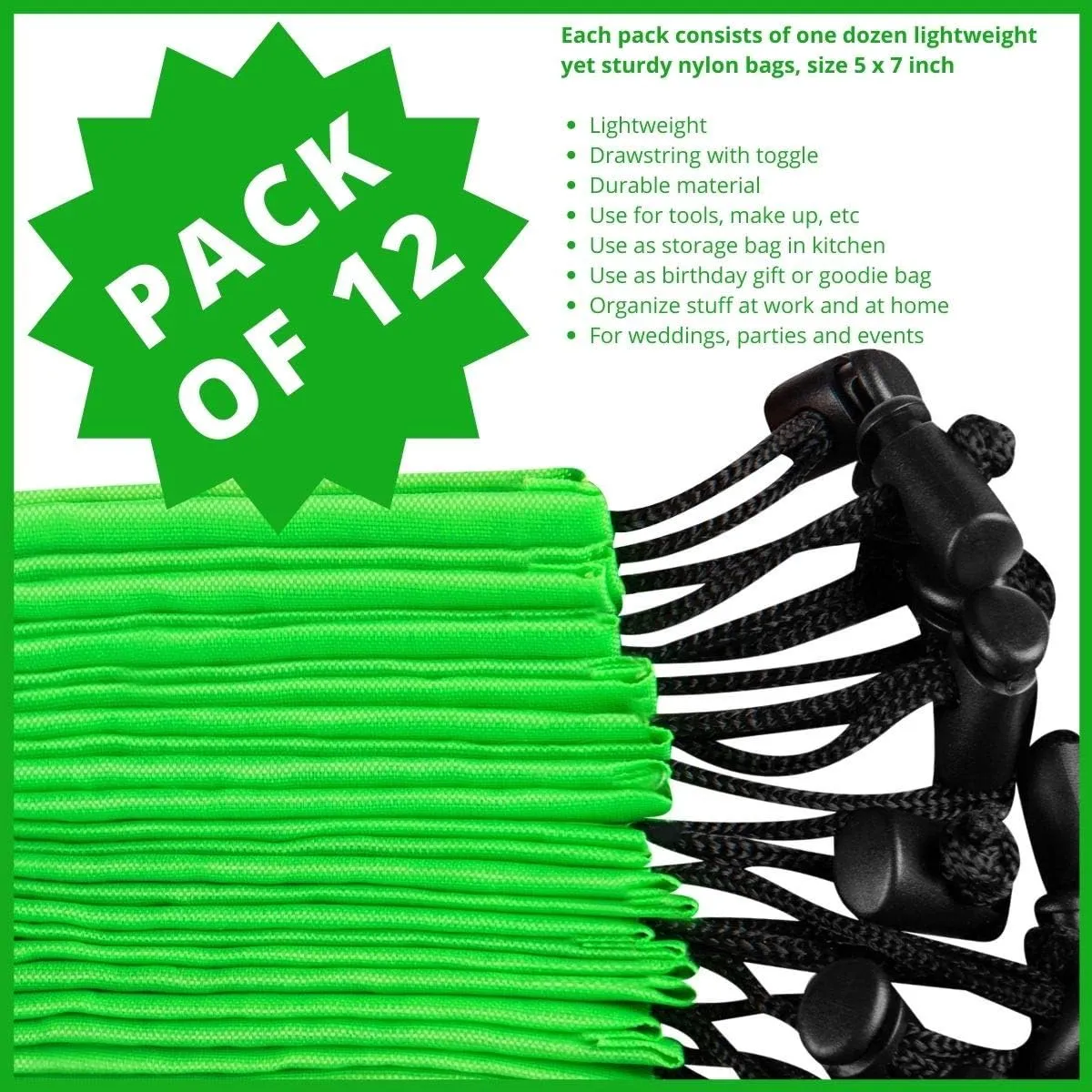 PALTERWEAR Drawstring Bag - Nylon Cinch and Ditty Stuff Pouch with Toggle (5 x 7-12 pack, Green)