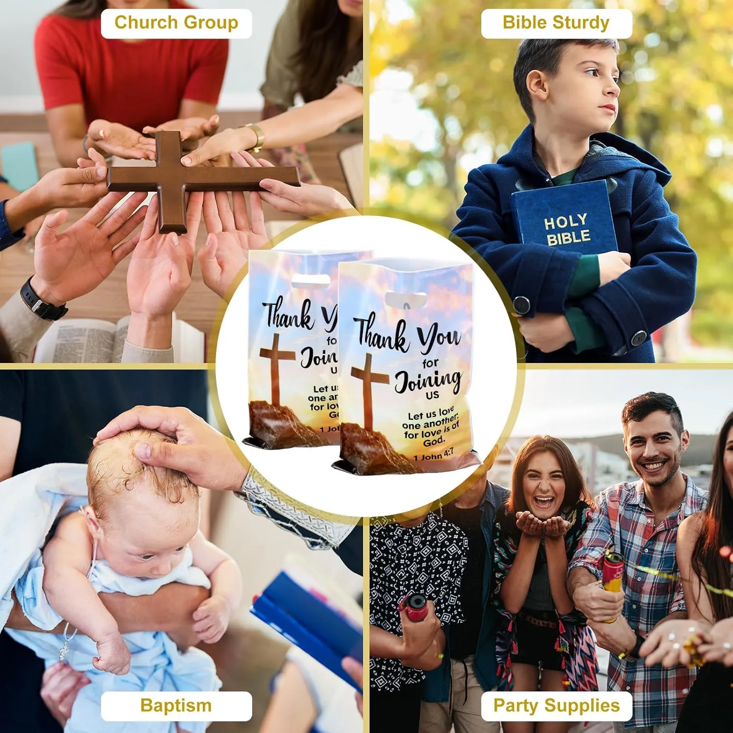 Panelee 100 Pcs Welcome to Our Church Bags Religious Plastic Brochure Church Gift Christian Cross Goody Treat Bags with Handles for Party Supplies Party Favor Decoration