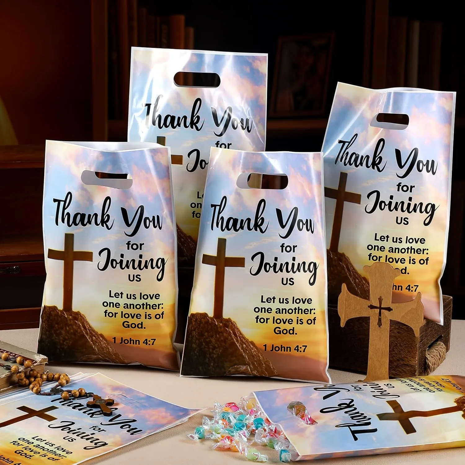 Panelee 100 Pcs Welcome to Our Church Bags Religious Plastic Brochure Church Gift Christian Cross Goody Treat Bags with Handles for Party Supplies Party Favor Decoration