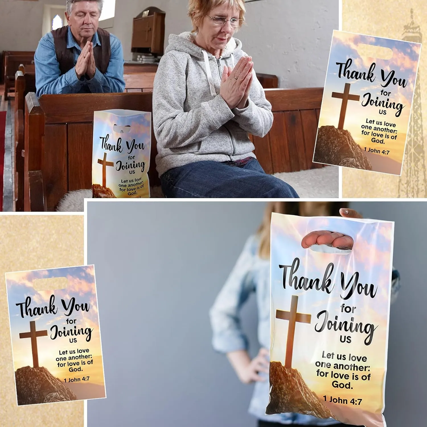 Panelee 100 Pcs Welcome to Our Church Bags Religious Plastic Brochure Church Gift Christian Cross Goody Treat Bags with Handles for Party Supplies Party Favor Decoration
