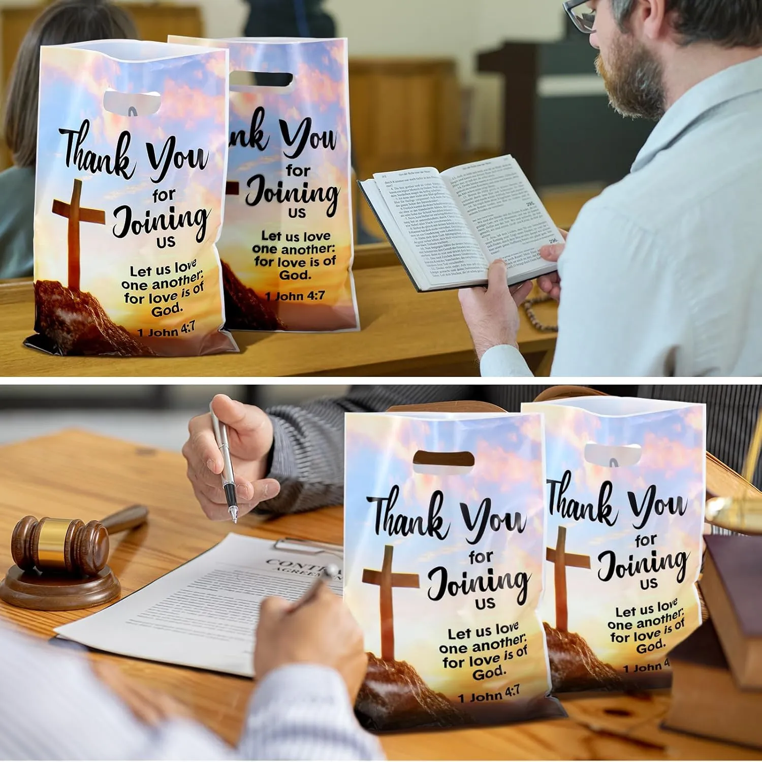 Panelee 100 Pcs Welcome to Our Church Bags Religious Plastic Brochure Church Gift Christian Cross Goody Treat Bags with Handles for Party Supplies Party Favor Decoration
