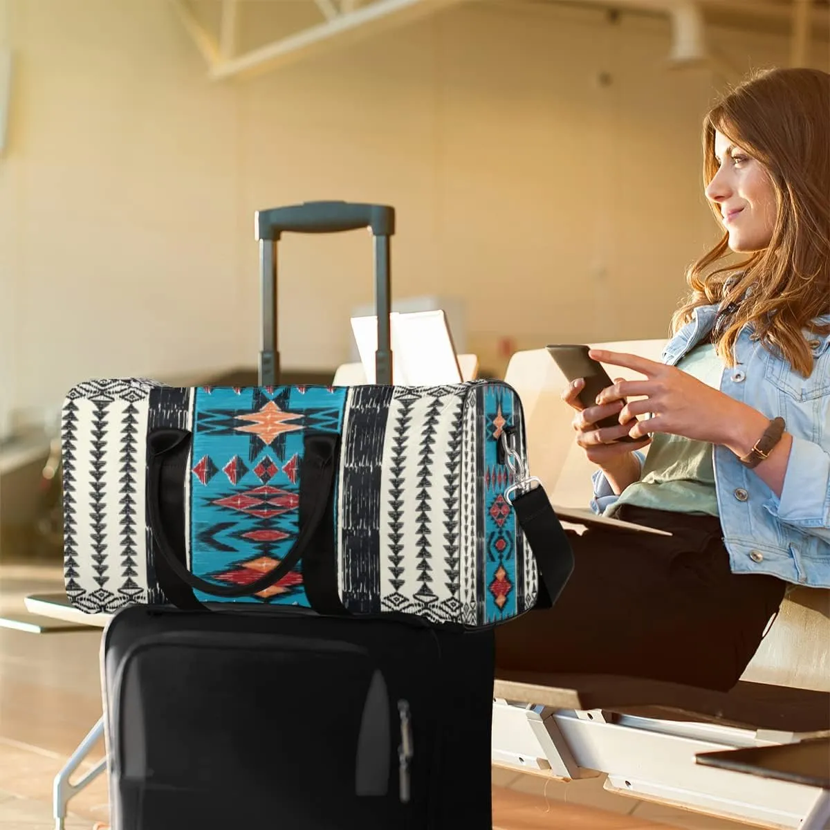 Pardick Aztec Boho Travel Duffel Bag, Sports Tote Gym Bag Weekender Bag Workout Bag Carry on Luggage Handle Bag Overnight Shoulder Bag for Women Men