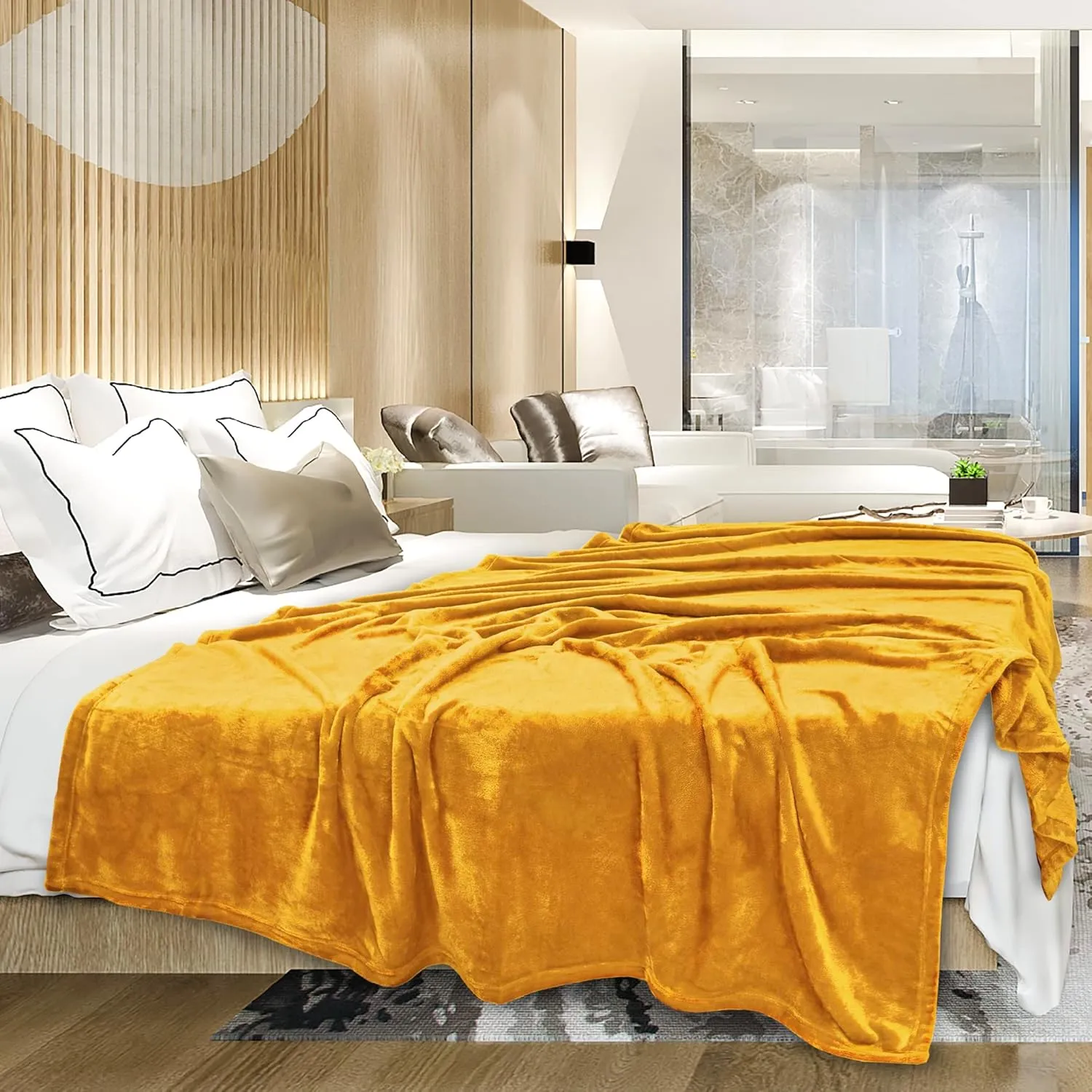 PAVILIA Mustard Yellow Fleece Throw Blanket for Couch Twin Size, Gold Super Soft Fuzzy Flannel Throw for Sofa, Luxury Plush Microfiber Blanket Twin Bed, Home Decorative Velvet Gift Blanket, 60x80
