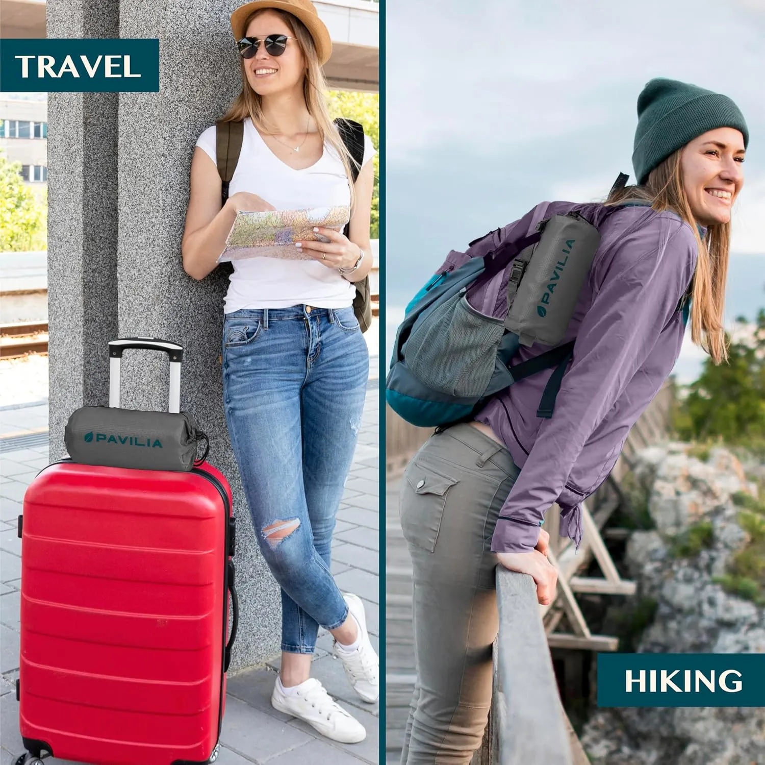 PAVILIA Travel Blanket Airplane Compact with Bag, Soft Packable Plane Blanket Kids Adults, Portable Camping Flight Essentials, Travelers Gifts Accessories, Luggage Backpack Strap, 65x40 Gray