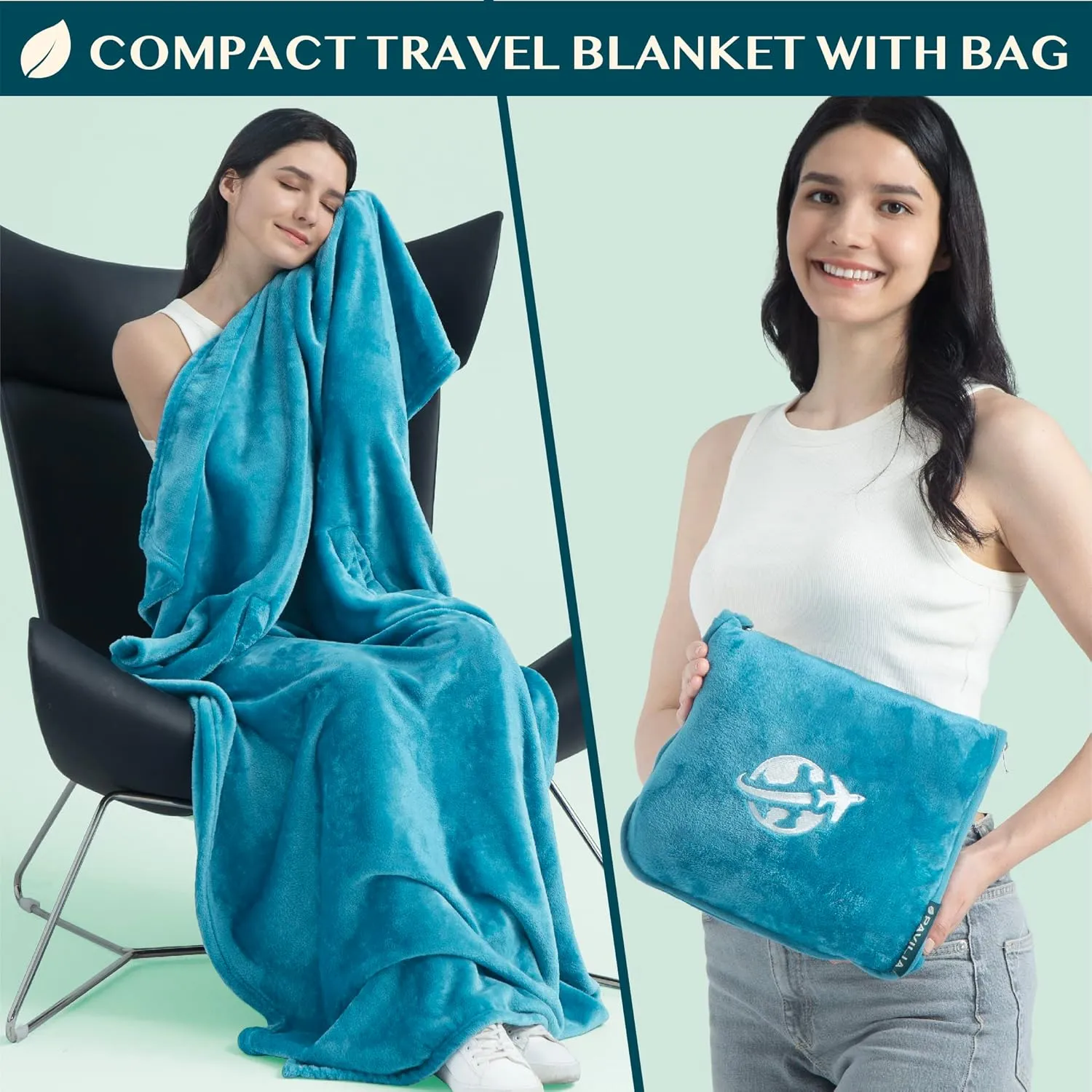 PAVILIA Travel Blanket and Pillow, Arms Opening Airplane Blankets for Adults, Compact Plane Blanket with Arm Hole 2-in-1 Bag for Flight Car Camping Fit in Luggage Backpack Traveler Gift, Teal Blue