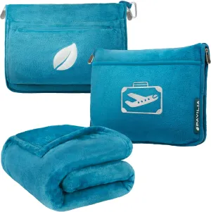 PAVILIA Travel Blanket Pillow in Soft Bag with Pockets, Airplane Blanket Set, Plane Blanket Compact Packable, Flight Essentials Car Pillow, Travelers Accessories Gifts, Luggage Strap, Turquoise