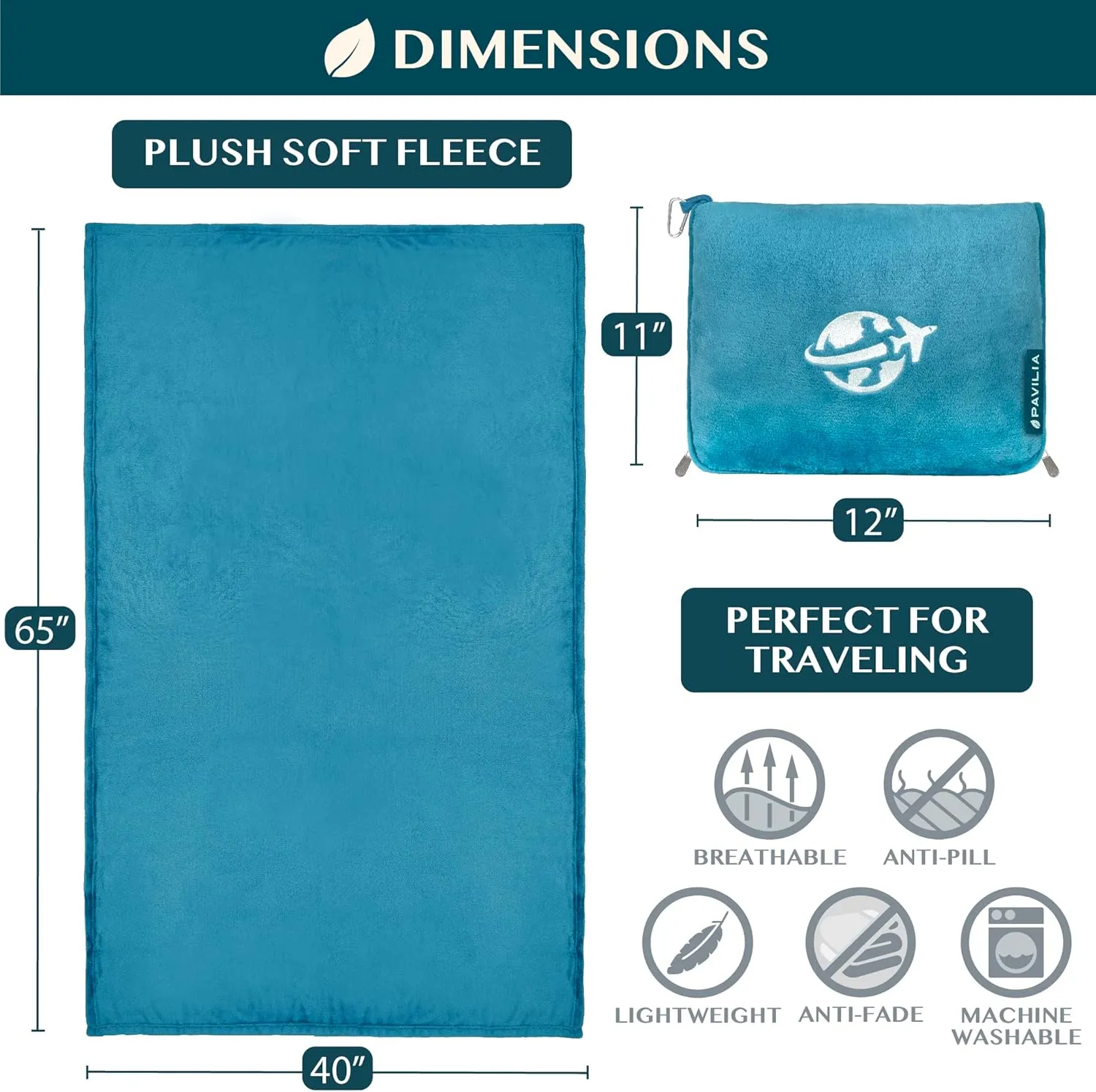 PAVILIA Travel Blanket Pillow in Soft Bag with Pockets, Airplane Blanket Set, Plane Blanket Compact Packable, Flight Essentials Car Pillow, Travelers Accessories Gifts, Luggage Strap, Turquoise