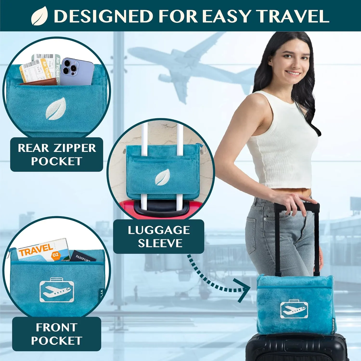 PAVILIA Travel Blanket Pillow in Soft Bag with Pockets, Airplane Blanket Set, Plane Blanket Compact Packable, Flight Essentials Car Pillow, Travelers Accessories Gifts, Luggage Strap, Turquoise