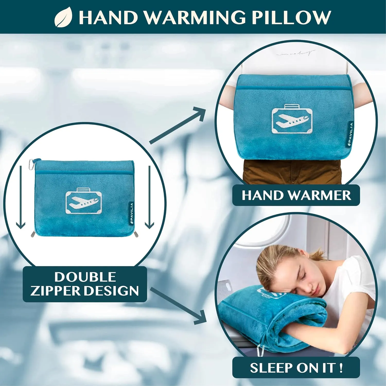 PAVILIA Travel Blanket Pillow in Soft Bag with Pockets, Airplane Blanket Set, Plane Blanket Compact Packable, Flight Essentials Car Pillow, Travelers Accessories Gifts, Luggage Strap, Turquoise