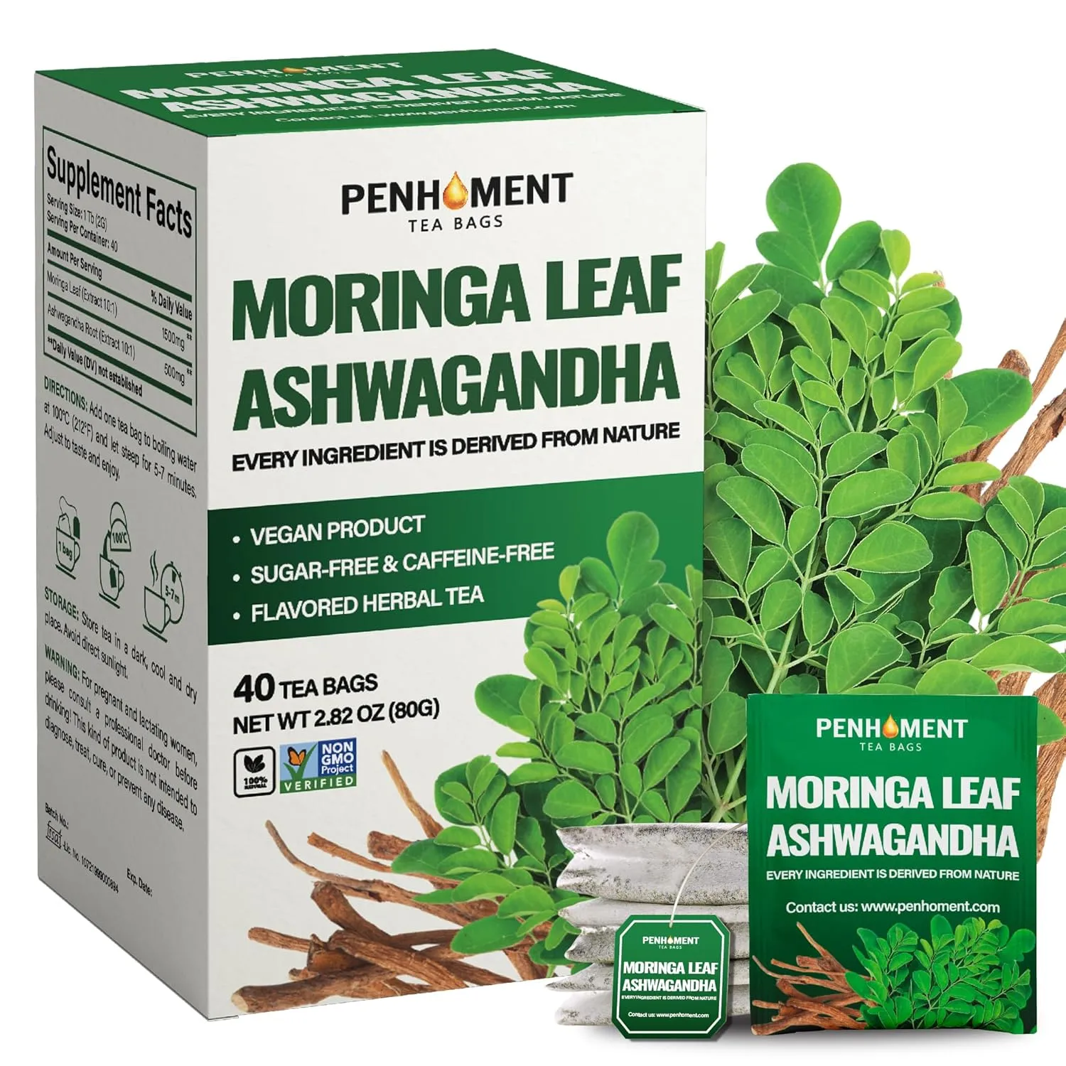 PENHOMENT Moringa Leaf Tea Bags with Ashwagandha - 40 Tea bags, 2gr/bag - Non-GMO/Caffeine free