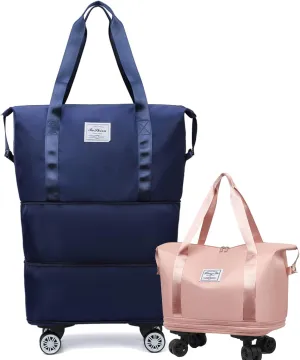 Pepepo Travel Bag with Wheels, 2025 New Large Capacity Travel Bag, Expandable and Foldable Luggage Bags, With Dry and Wet Separation Layer, Durable & Multi-functional Design (Dark Blue)