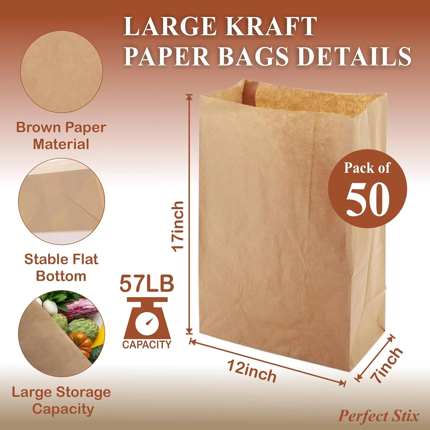 Perfect Stix 52lb Kraft Brown Paper Shopping Bags- Pack of 50ct