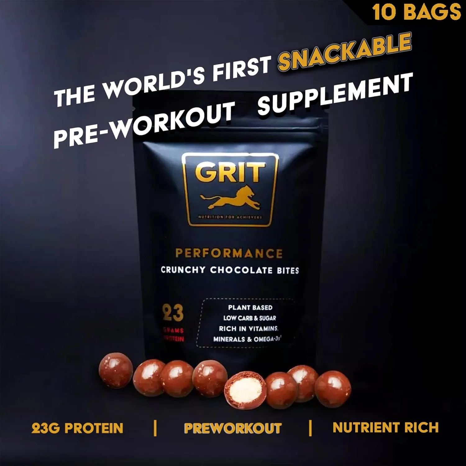 Performance Bites | 23g Protein | Pre-Workout, Caffeine, 20  Vitamins & Minerals | Muscle and Endurance | Gluten Free | Plant Based Energy Snack for Athletes and BodyBuilders (60g, 10 Bags)