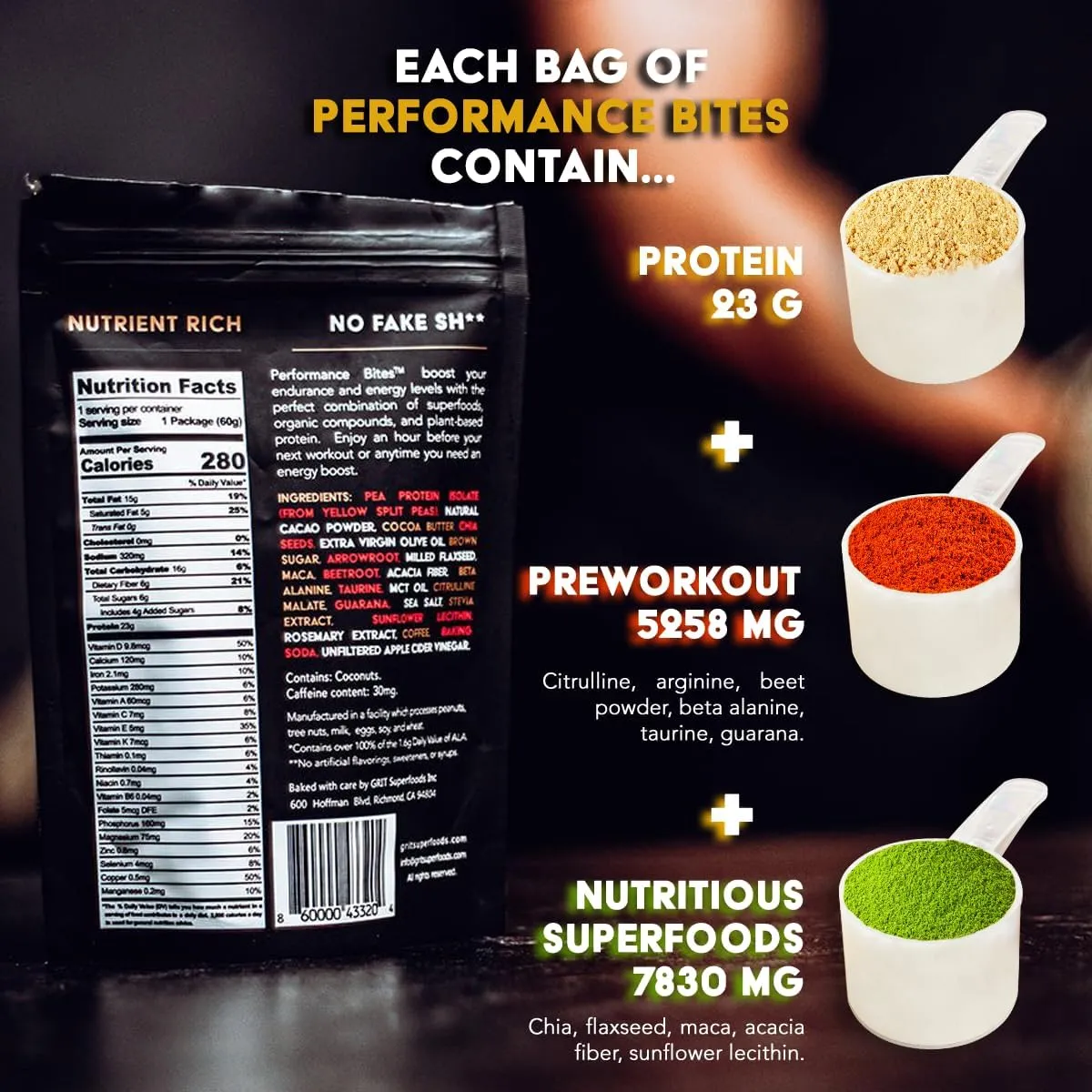 Performance Bites | 23g Protein | Pre-Workout, Caffeine, 20  Vitamins & Minerals | Muscle and Endurance | Gluten Free | Plant Based Energy Snack for Athletes and BodyBuilders (60g, 10 Bags)