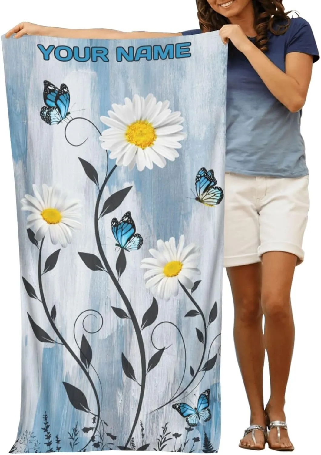 Personalized Beach Towel with Name Custom Microfiber Towels Quick Dry Pool Towel Daisy Bluefly Rustic Blue