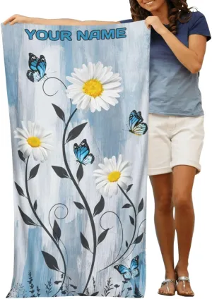 Personalized Beach Towel with Name Custom Microfiber Towels Quick Dry Pool Towel Daisy Bluefly Rustic Blue