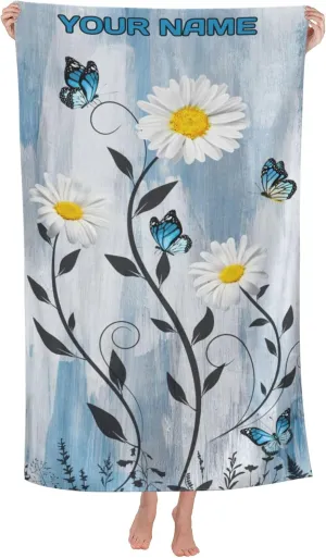 Personalized Beach Towels with Names for Kids Adults Microfiber Quick Dry Custom Travel Beach Towel Sand Free Pool Towels Soft Bath Towels Daisy bluefly Rustic Blue