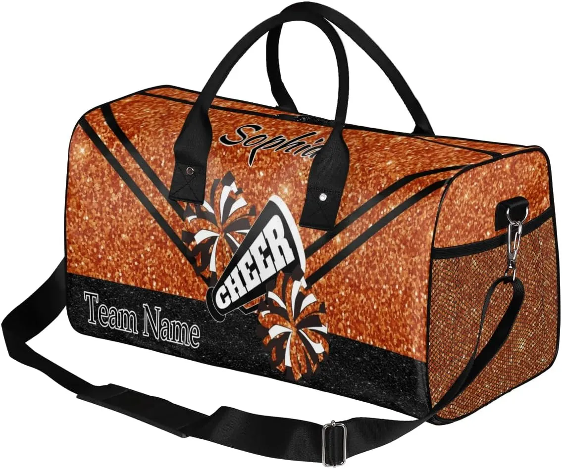 Personalized Cheer Bag, Custom Dance Ballet Bag with Name, Custom Cheer Training Practice Gym Bag Travel Sport Duffel Bag for Women, Dark Orange Glitter