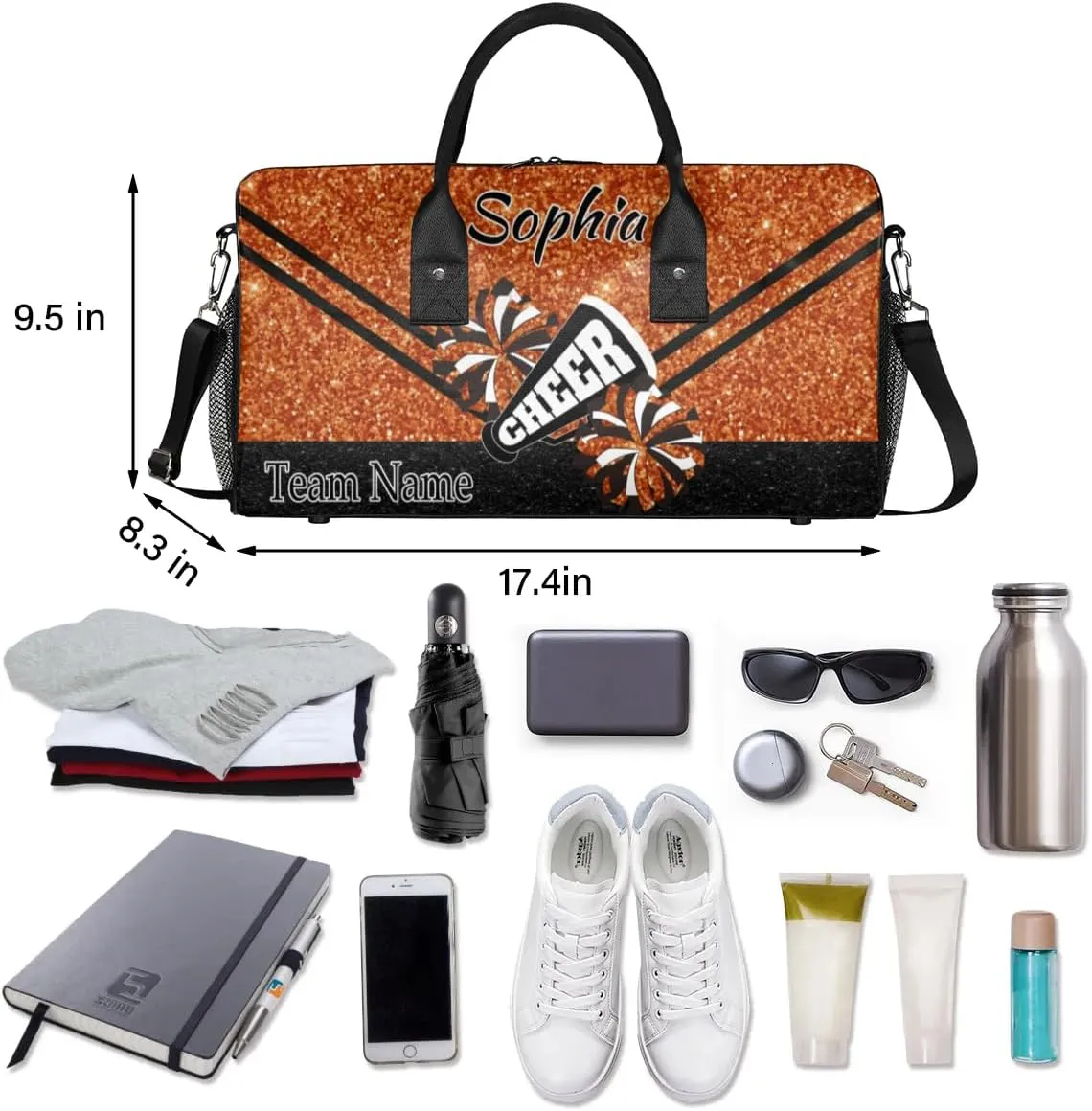 Personalized Cheer Bag, Custom Dance Ballet Bag with Name, Custom Cheer Training Practice Gym Bag Travel Sport Duffel Bag for Women, Dark Orange Glitter