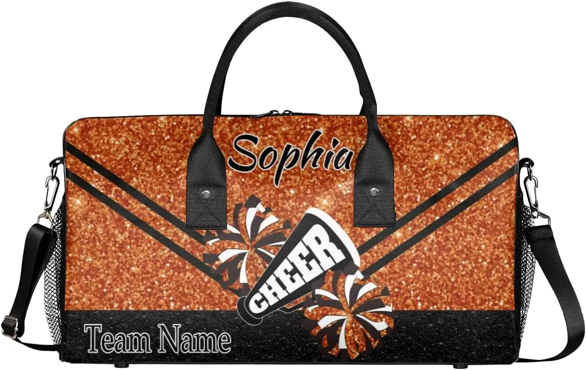 Personalized Cheer Bag, Custom Dance Ballet Bag with Name, Custom Cheer Training Practice Gym Bag Travel Sport Duffel Bag for Women, Dark Orange Glitter