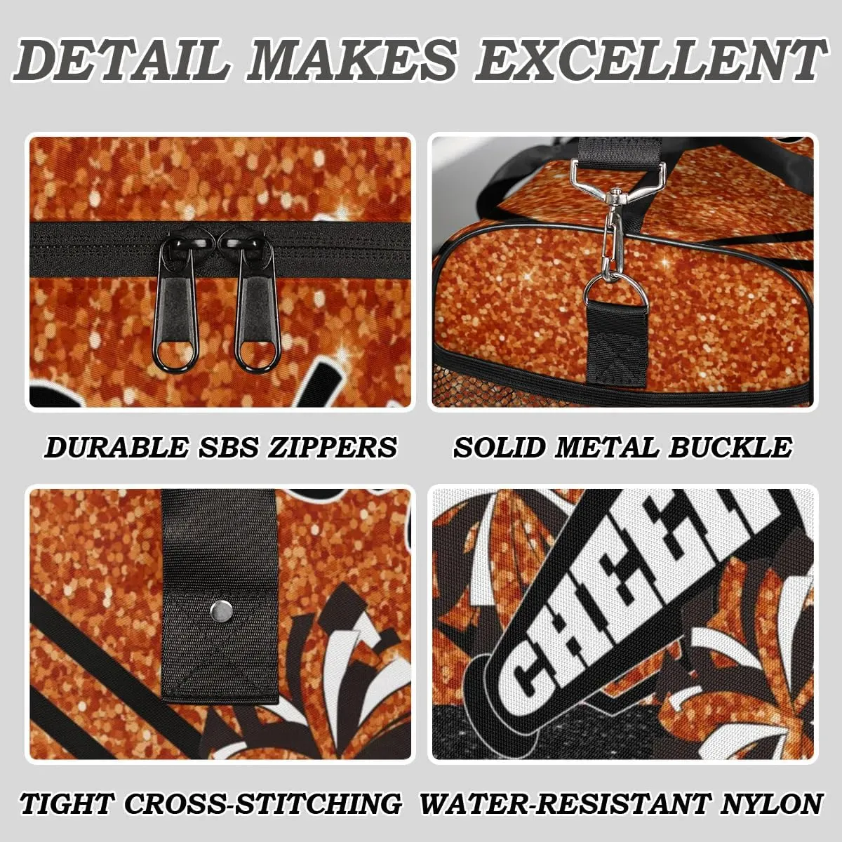 Personalized Cheer Bag, Custom Dance Ballet Bag with Name, Custom Cheer Training Practice Gym Bag Travel Sport Duffel Bag for Women, Dark Orange Glitter