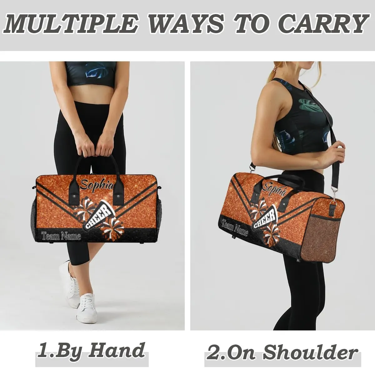 Personalized Cheer Bag, Custom Dance Ballet Bag with Name, Custom Cheer Training Practice Gym Bag Travel Sport Duffel Bag for Women, Dark Orange Glitter