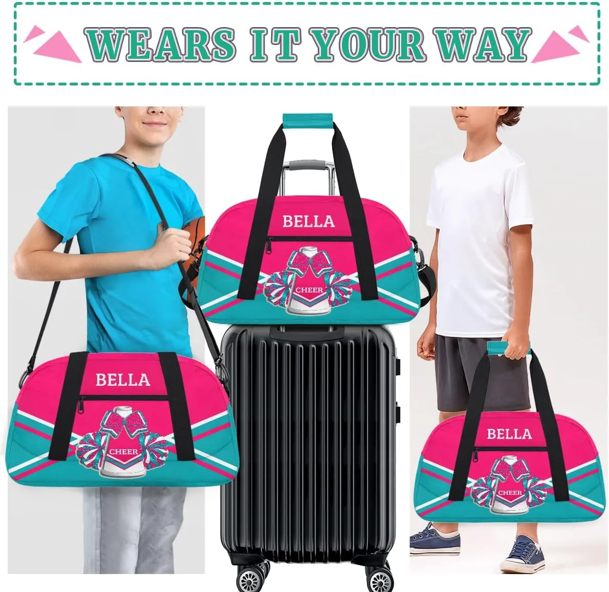 Personalized Cheer Bag Dance Bag for Girl, Custom Gym Bag Sport Duffel Bag, Weekender Bags Travel Duffel Bag Pink Blue Cheer