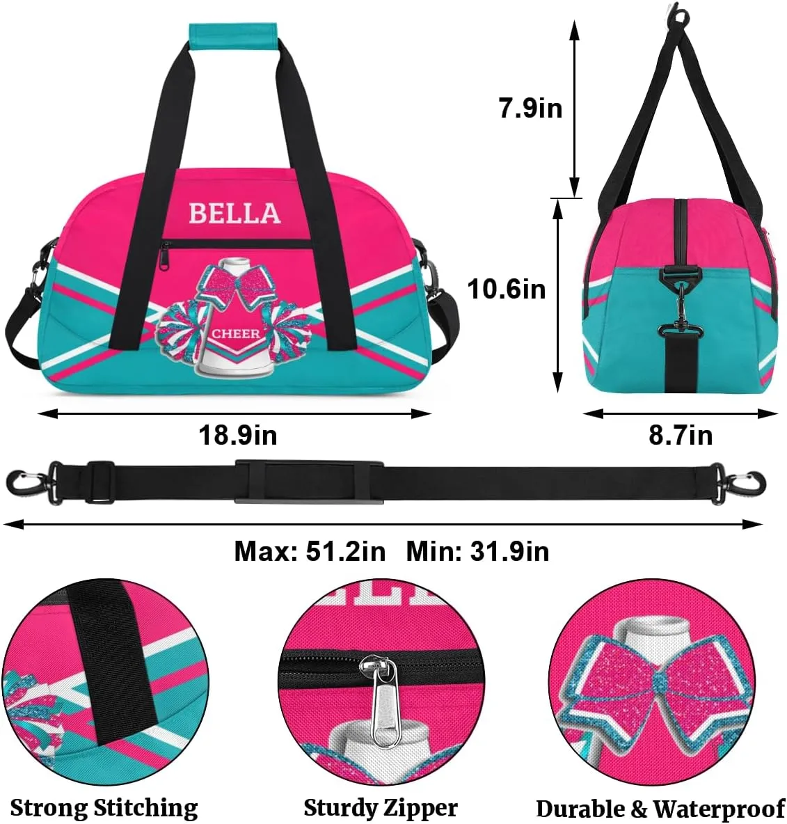 Personalized Cheer Bag Dance Bag for Girl, Custom Gym Bag Sport Duffel Bag, Weekender Bags Travel Duffel Bag Pink Blue Cheer