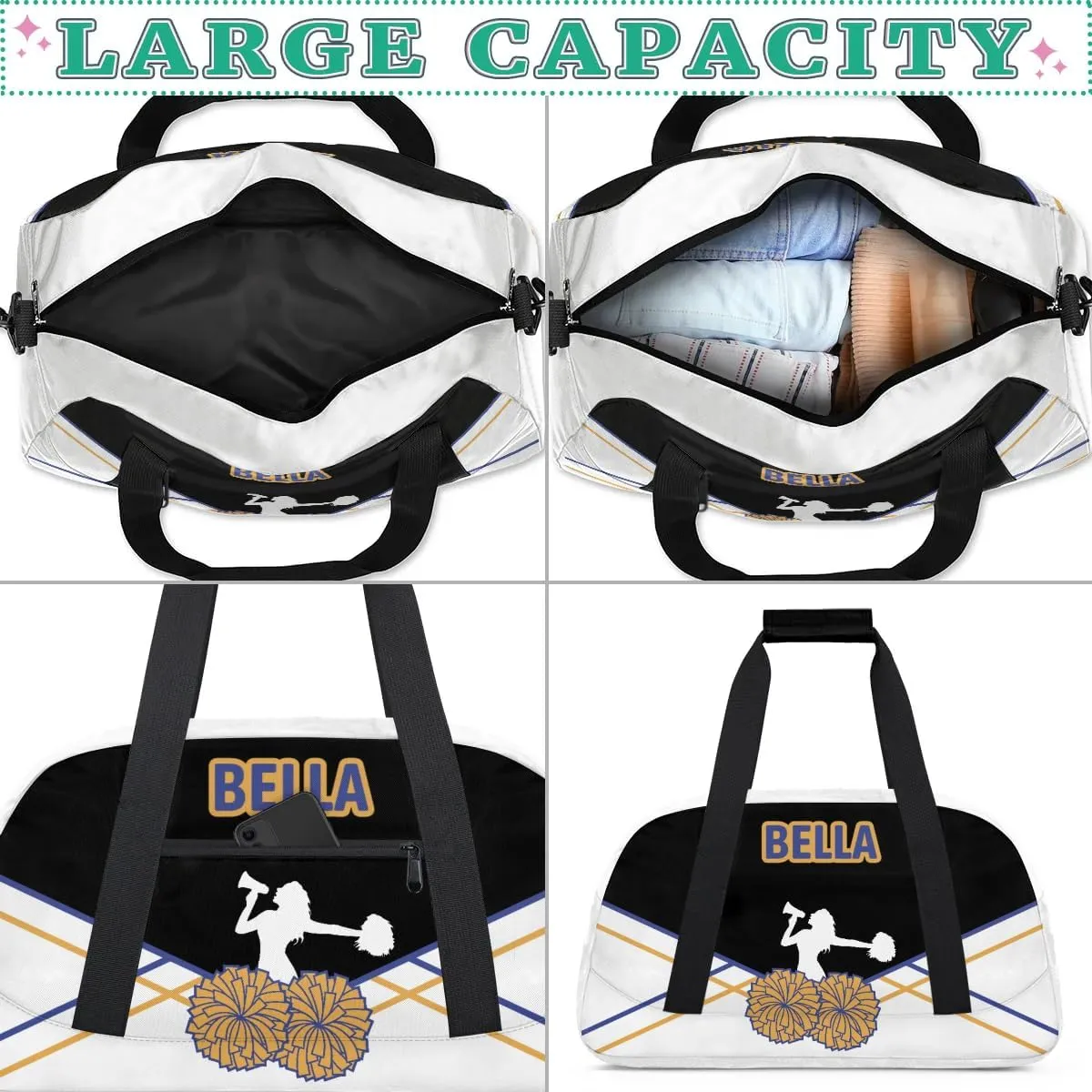 Personalized Cheer Bag Sport Duffel Bag for Girl, Custom Kids Gym Bag, Customize Travel Duffle Bag with Name, Overnight Weekender Bags,Blue and Yellow Lines, Cheerleading Gifts（Black）