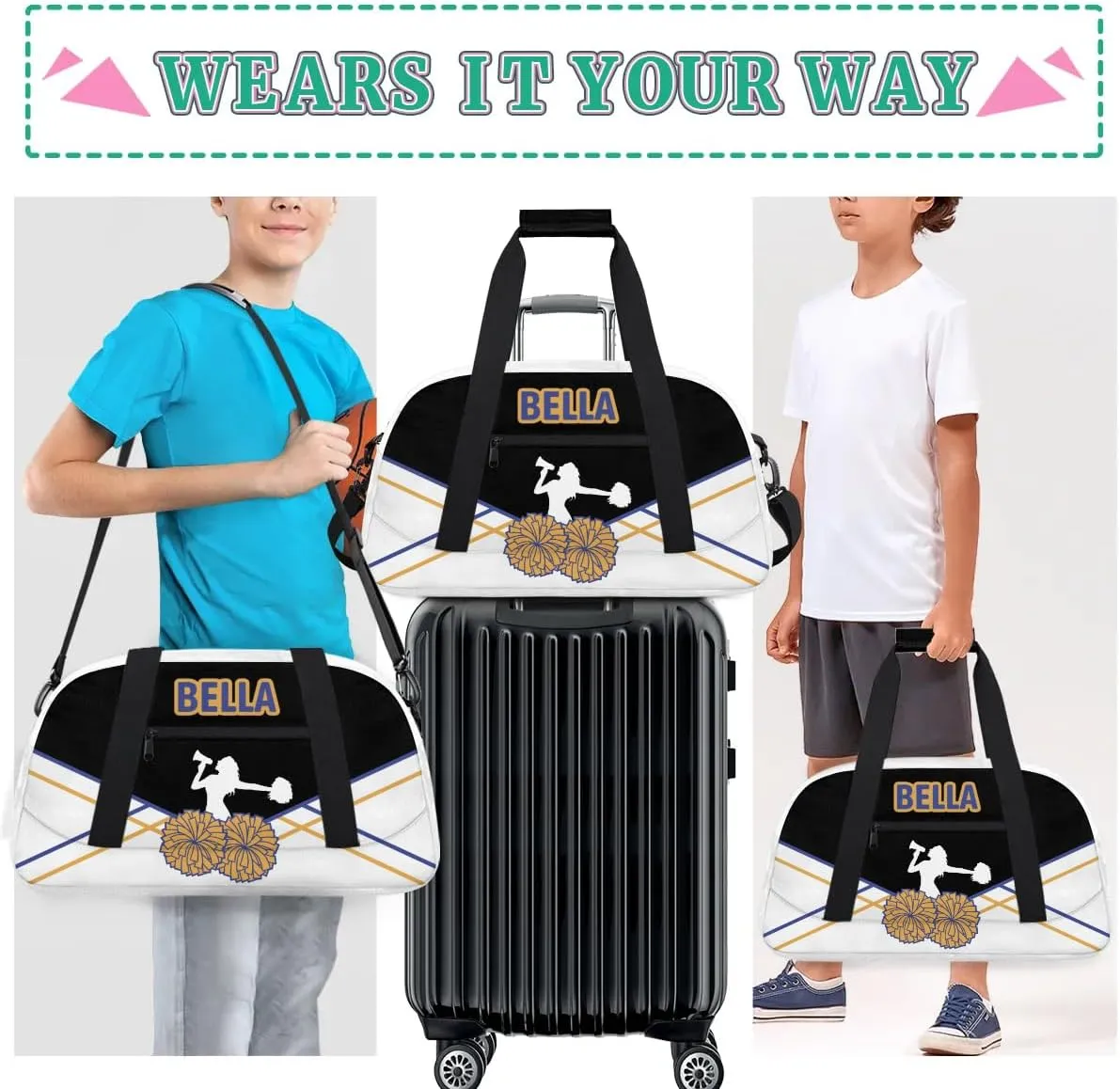 Personalized Cheer Bag Sport Duffel Bag for Girl, Custom Kids Gym Bag, Customize Travel Duffle Bag with Name, Overnight Weekender Bags,Blue and Yellow Lines, Cheerleading Gifts（Black）